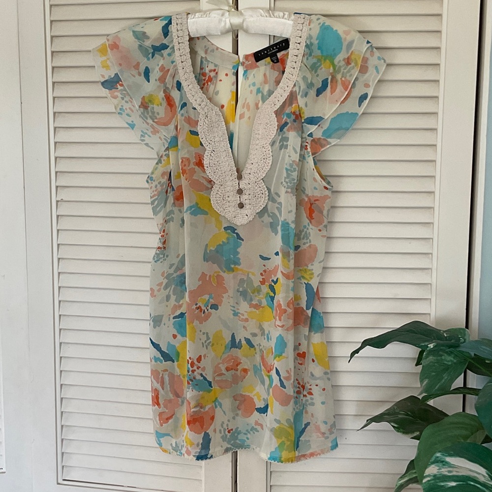Sanctuary Multicolor Floral Blouse with Crochet Detail